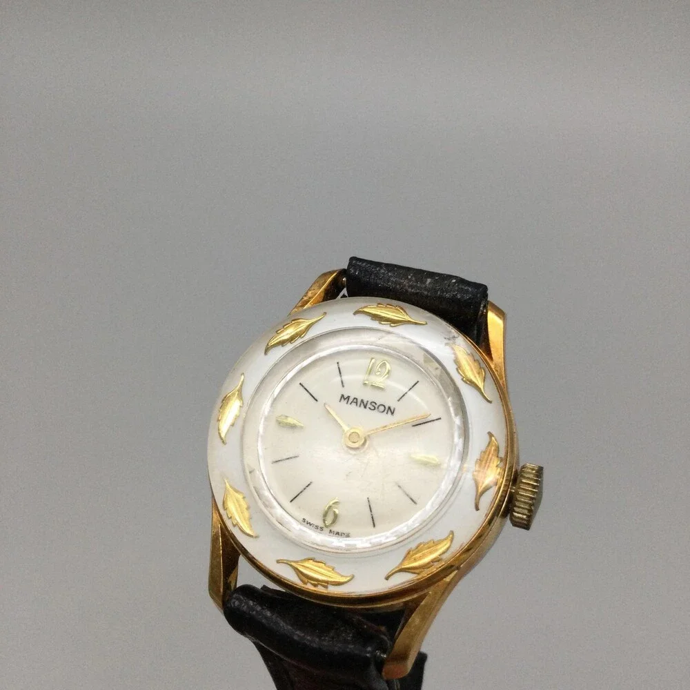 Vintage Manson Womens Watch 25mm White Dial Gold Tone Manual Swiss Leather Band
